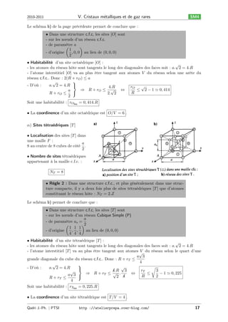 V. Cristaux m´talliques et de gaz rares
e

2010-2011

SM4

Le schéma b) de la page précédente permet de conclure que :
• Dans une structure c.f.c, les sites [𝑂] sont
- sur les nœuds d’un réseau c.f.c.
- de paramètre 𝑎 )
(
1
- d’origine
, 0, 0 au lieu de (0, 0, 0)
2
• Habitabilité d’un site octaédrique [𝑂] :
√
- les atomes du réseau hôte sont tangents le long des diagonales des faces soit : 𝑎. 2 = 4.𝑅
- l’atome interstitiel [𝑂] va au plus être tangent aux atomes 𝑉 du réseau selon une arête du
réseau c.f.c.. Donc : 2(𝑅 + 𝑟 𝑂 ) ≤ 𝑎
⎫
√
- D’où :
𝑎. 2 = 4.𝑅 ⎬
√
4.𝑅
𝑟𝑂
⇒ 𝑅+ 𝑟𝑂 ≤ √
⇔
≤ 2 − 1 ≃ 0, 414
𝑎
𝑅
𝑅+ 𝑟𝑂 ≤ ⎭
2. 2
2
Soit une habitabilité : 𝑟 𝑂lim = 0, 414.𝑅
• La coordinence d’un site octaédrique est

𝑂/𝑉 = 6 .

𝛼) Sites tétraédriques [𝑇 ]
• Localisation des sites [𝑇 ] dans
une maille 𝐹 :
𝑎
8 au centre de 8 cubes de côté .
2
• Nombre de sites tétraédriques
appartenant à la maille c.f.c. :
𝑁𝑇 =8
• Règle 2 : Dans une structure c.f.c., et plus généralement dans une structure compacte, il y a deux fois plus de sites tétraédriques [𝑇 ] que d’atomes
constituant le réseau hôte : 𝑁 𝑇 = 2.𝑍
Le schéma b) permet de conclure que :
• Dans une structure c.f.c, les sites [𝑇 ] sont
- sur les nœuds d’un réseau Cubique Simple (P)
𝑎
- de paramètre 𝑎 𝑠 =
(
)2
1 1 1
- d’origine
, ,
au lieu de (0, 0, 0)
4 4 4
• Habitabilité d’un site tétraédrique [𝑇 ] :
√
- les atomes du réseau hôte sont tangents le long des diagonales des faces soit : 𝑎. 2 = 4.𝑅
- l’atome interstitiel [𝑇 ] va au plus être tangent aux atomes √ du réseau selon le quart d’une
𝑉
𝑎 3
grande diagonale du cube du réseau c.f.c.. Donc : 𝑅 + 𝑟 𝑇 ≤
4
√
⎫
√
√
- D’où :
𝑎. 2 = 4.𝑅
⎬
4.𝑅 3
𝑟𝑇
3
√
≤
− 1 ≃ 0, 225
𝑎 3 ⎭ ⇒ 𝑅 + 𝑟 𝑇 ≤ √2 . 4 ⇔
𝑅
2
𝑅+ 𝑟𝑇 ≤
4
Soit une habitabilité : 𝑟 𝑇lim = 0, 225.𝑅
• La coordinence d’un site tétraédrique est 𝑇 /𝑉 = 4 .
Qadri J.-Ph. ∣ PTSI

http ://atelierprepa.over-blog.com/

17

 