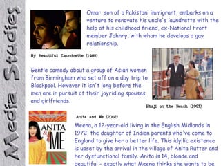 Omar, son of a Pakistani immigrant, embarks on a
                         venture to renovate his uncle's laundrette with the
                         help of his childhood friend, ex-National Front
                         member Johnny, with whom he develops a gay
                         relationship.

My Beautiful Laundrette (1985)

Gentle comedy about a group of Asian women
from Birmingham who set off on a day trip to
Blackpool. However it isn't long before the
men are in pursuit of their joyriding spouses
and girlfriends.
                                              Bhaji on the Beach (1993)
                    Anita and Me (2002)
                   Meena, a 12-year-old living in the English Midlands in
                   1972, the daughter of Indian parents who've come to
                   England to give her a better life. This idyllic existence
                   is upset by the arrival in the village of Anita Rutter and
                   her dysfunctional family. Anita is 14, blonde and
                   beautiful - exactly what Meena thinks she wants to be.
 