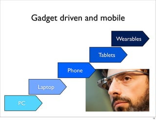 Wearables
Gadget driven and mobile
PC
Laptop
Phone
Tablets
15
 