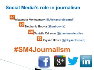 Social Media’s role in journalism

    Alexandra Montgomery (@AlexandraMontg7)

          Stephanie Bouvia (@snbouvia)

                Danielle Odiamar (@daniemarieodie)

                      Brysan Brown (@BrysanBrown)


   #SM4Journalism
 