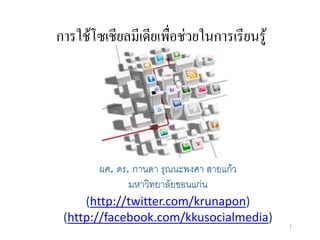 การใช้โซเชียลมีเดียเพื่อช่วยในการเรียนรู้




        ผศ. ดร. กานดา รุณนะพงศา สายแก้ว
               มหาวิทยาลัยขอนแก่น
     (http://twitter.com/krunapon)
 (http://facebook.com/kkusocialmedia)
                                            1
 
