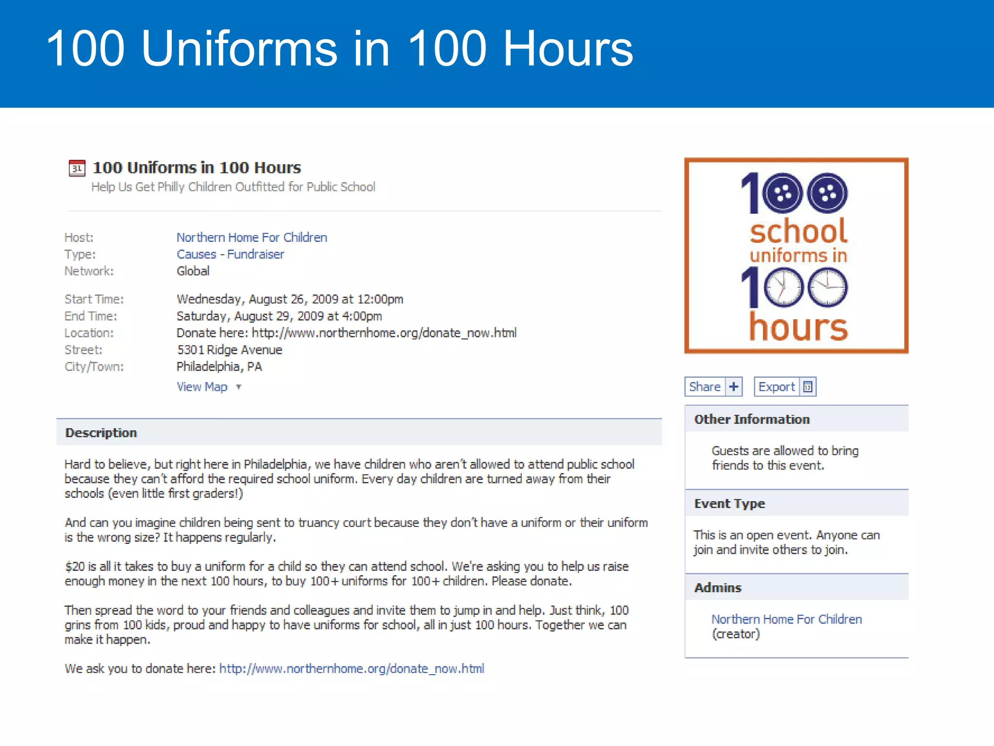 100 Uniforms in 100 Hours
 