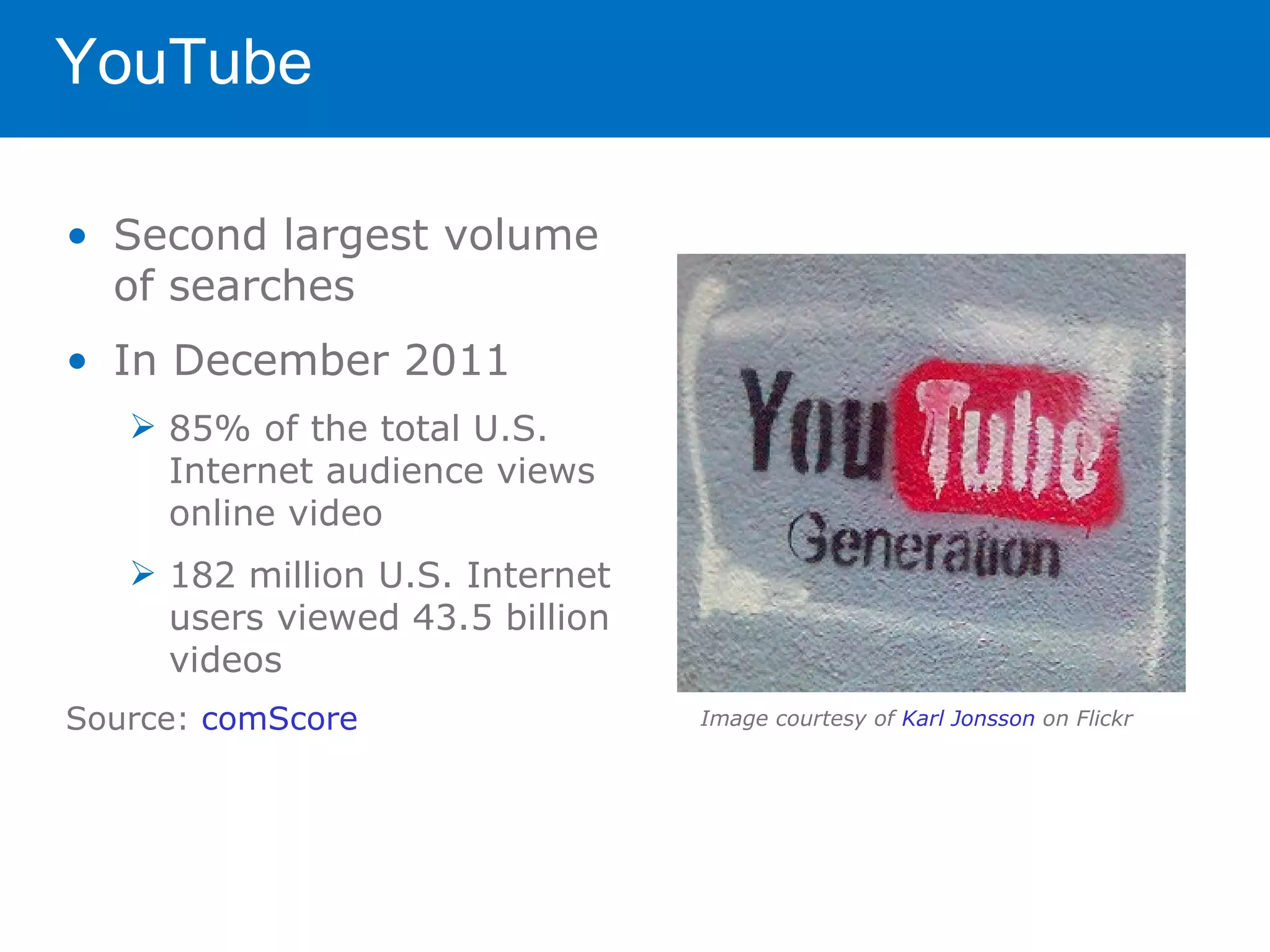 YouTube

• Second largest volume
  of searches
• In December 2011
    85% of the total U.S.
     Internet audience views
     online video
    182 million U.S. Internet
     users viewed 43.5 billion
     videos
Source: comScore                 Image courtesy of Karl Jonsson on Flickr
 