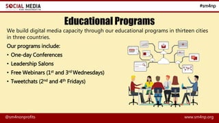 #sm4np
@sm4nonprofits www.sm4np.org
Educational Programs
We build digital media capacity through our educational programs ...