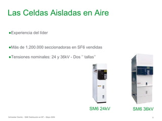 Schneider Electric 9
- SM6 Distribución en MT – Mayo 2009
Las Celdas Aisladas en Aire
●Experiencia del líder
●Más de 1.200.000 seccionadoras en SF6 vendidas
●Tensiones nominales: 24 y 36kV - Dos ’’ tallas’’
SM6 24kV SM6 36kV
 