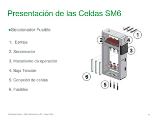 Schneider Electric 14
- SM6 Distribución en MT – Mayo 2009
Presentación de las Celdas SM6
●Seccionador Fusible
1. Barraje
2. Seccionador
3. Mecanismo de operación
4. Baja Tensión
5. Conexión de cables
6. Fusibles
1
3
2
5
4
6
 