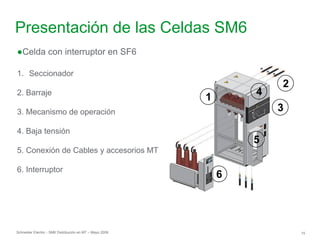 Schneider Electric 15
- SM6 Distribución en MT – Mayo 2009
Presentación de las Celdas SM6
●Celda con interruptor en SF6
1. Seccionador
2. Barraje
3. Mecanismo de operación
4. Baja tensión
5. Conexión de Cables y accesorios MT
6. Interruptor
1
3
2
5
4
6
 