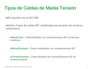 Schneider Electric 3
- SM6 Distribución en MT – Mayo 2009
Tipos de Celdas de Media Tensión
●De acuerdo con la IEC 298
●Define 3 tipos de celdas MT, clasificadas de acuerdo con la forma
constructiva:
●Metal-Clad – Celda blindada con compartimientos MT en laminas
metálicas
●Metal-Enclosed – Celda simplificada, sin compartimientos MT
●Compartmented – Celda blindada con compartimientos MT en
material aislante
 