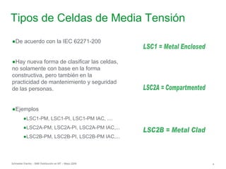 Schneider Electric 4
- SM6 Distribución en MT – Mayo 2009
Tipos de Celdas de Media Tensión
●De acuerdo con la IEC 62271-200
●Hay nueva forma de clasificar las celdas,
no solamente con base en la forma
constructiva, pero también en la
practicidad de mantenimiento y seguridad
de las personas.
●Ejemplos
●LSC1-PM, LSC1-PI, LSC1-PM IAC, ....
●LSC2A-PM, LSC2A-PI, LSC2A-PM IAC,...
●LSC2B-PM, LSC2B-PI, LSC2B-PM IAC,...
 
