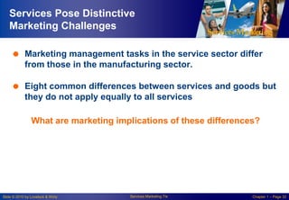 Services Pose Distinctive
Marketing Challenges
 Marketing management tasks in the service sector differ
from those in the manufacturing sector.

 Eight common differences between services and goods but
they do not apply equally to all services
What are marketing implications of these differences?

Slide © 2010 by Lovelock & Wirtz

Services Marketing 7/e

Chapter 1 – Page 32

 