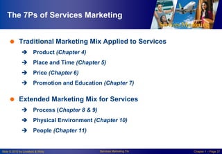 The 7Ps of Services Marketing
 Traditional Marketing Mix Applied to Services
 Product (Chapter 4)

 Place and Time (Chapter 5)
 Price (Chapter 6)
 Promotion and Education (Chapter 7)

 Extended Marketing Mix for Services
 Process (Chapter 8 & 9)
 Physical Environment (Chapter 10)

 People (Chapter 11)

Slide © 2010 by Lovelock & Wirtz

Services Marketing 7/e

Chapter 1 – Page 37

 