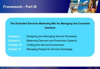 Framework - Part III

The Extended Services Marketing Mix for Managing the Customer
Interface
Chapter 8

Designing and Managing Service Processes

Chapter 9

Balancing Demand and Productive Capacity

Chapter 10

Crafting the Service Environment

Chapter 11

Managing People for Service Advantage

Slide © 2010 by Lovelock & Wirtz

Services Marketing 7/e

Chapter 1 – Page 44

 
