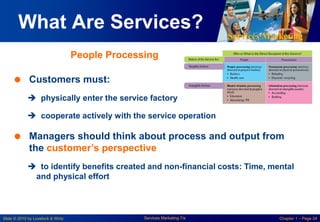 Services Marketing
Slide © 2010 by Lovelock & Wirtz Services Marketing 7/e Chapter 1 – Page 24
What Are Services?
 Customers must:
 physically enter the service factory
 cooperate actively with the service operation
 Managers should think about process and output from
the customer‟s perspective
 to identify benefits created and non-financial costs: Time, mental
and physical effort
People Processing
 