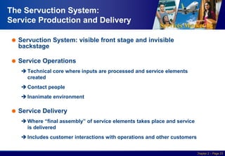 Services Marketing
Slide © 2010 by Lovelock & Wirtz Services Marketing 7/e Chapter 2 – Page 23
The Servuction System:
Service Production and Delivery
 Servuction System: visible front stage and invisible
backstage
 Service Operations
 Technical core where inputs are processed and service elements
created
 Contact people
 Inanimate environment
 Service Delivery
 Where “final assembly” of service elements takes place and service
is delivered
 Includes customer interactions with operations and other customers
 