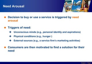 Services Marketing
Slide © 2010 by Lovelock & Wirtz Services Marketing 7/e Chapter 2 – Page 5
Need Arousal
 Decision to buy or use a service is triggered by need
arousal
 Triggers of need:
 Unconscious minds (e.g., personal identity and aspirations)
 Physical conditions (e.g., hunger )
 External sources (e.g., a service firm’s marketing activities)
 Consumers are then motivated to find a solution for their
need
Courtesy of Masterfile Corporation
 