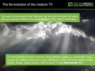 The Re-evolution of the medium TV


One-way communication and Television ran the show for about 60 years.
We now welcome CMOs to the re-evolution of the medium Television.




     TV will transform to more channels, more platforms (cable, ip, connected), more
     screens (pc, tablet smartphone), open distribution, VOD, non-linear players (Hulu,
     Netflix, Google, Apple, Disney), Web & Social TV and Addressable TV…
 