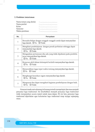 SMP/MTs Kelas VIII
158
	 	 Generasimudasaatsekaranginikurangtertarikmempelajaridanmaumenjadi
penyanyi lagu tradisional. Ini disebabkan menjadi penyanyi lagu tradisional
tidak menjanjikan secara materi untuk masa depan. Di sisi lain, penyanyi lagu
tradisional diperlukan agar kelestarian lagu tradisional tetap terjaga sepanjang
masa.
2. Penilaian Antarteman
     Nama teman yang dinilai	 : ………………………
Nama penilai		 : ………………………
Kelas			 : ………………………
Semester			 : ………………………
Waktu penilaian		 : …………………........
No. Pernyataan
1
Berusaha belajar dengan sungguh-sungguh untuk dapat menyanyikan
lagu daerah. o Ya o Tidak
2
Mengikuti pembelajaran dengan penuh perhatian sehingga dapat
menyanyikan lagu daerah.
o Ya o Tidak
3
Mengajukan pertanyaan jika ada yang tidak dipahami pada pembela-
jaran menyanyikan lagu daerah.
o Ya o Tidak
4
Berperan aktif dalam kelompok berlatih menyanyikan lagu daerah.
o Ya o Tidak
5
Menyerahkan tugas tepat waktu tentang menyanyikan lagu daerah.
o Ya o Tidak
6
Menghargai keunikan ragam menyanyikan lagu daerah.
o Ya o Tidak
7
Menguasai dan dapat mengikuti kegiatan pembelajaran dengan baik.
o Ya o Tidak
 