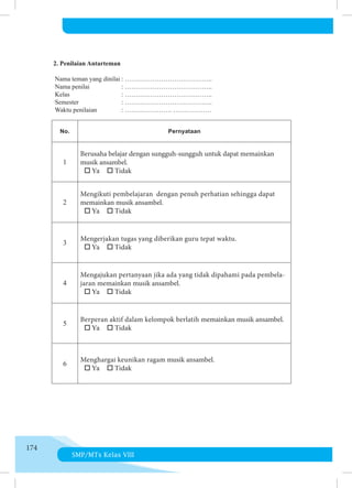 SMP/MTs Kelas VIII
174
2. Penilaian Antarteman
  Nama teman yang dinilai	: …………………………………..
Nama penilai		 : …………………………………..
Kelas			 : …………………………………..
Semester		 : …………………………………..
Waktu penilaian		 : …………………. ………………
No. Pernyataan
1
Berusaha belajar dengan sungguh-sungguh untuk dapat memainkan
musik ansambel.
o Ya o Tidak
2
Mengikuti pembelajaran dengan penuh perhatian sehingga dapat
memainkan musik ansambel.
o Ya o Tidak
3
Mengerjakan tugas yang diberikan guru tepat waktu.
o Ya o Tidak
4
Mengajukan pertanyaan jika ada yang tidak dipahami pada pembela-
jaran memainkan musik ansambel.
o Ya o Tidak
5
Berperan aktif dalam kelompok berlatih memainkan musik ansambel.
o Ya o Tidak
6
Menghargai keunikan ragam musik ansambel.
o Ya o Tidak
 