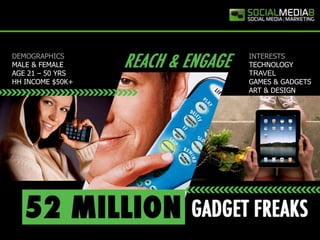 DEMOGRAPHICS      INTERESTS
MALE & FEMALE     TECHNOLOGY
AGE 21 – 50 YRS   TRAVEL
HH INCOME $50K+   GAMES & GADGETS
      ...