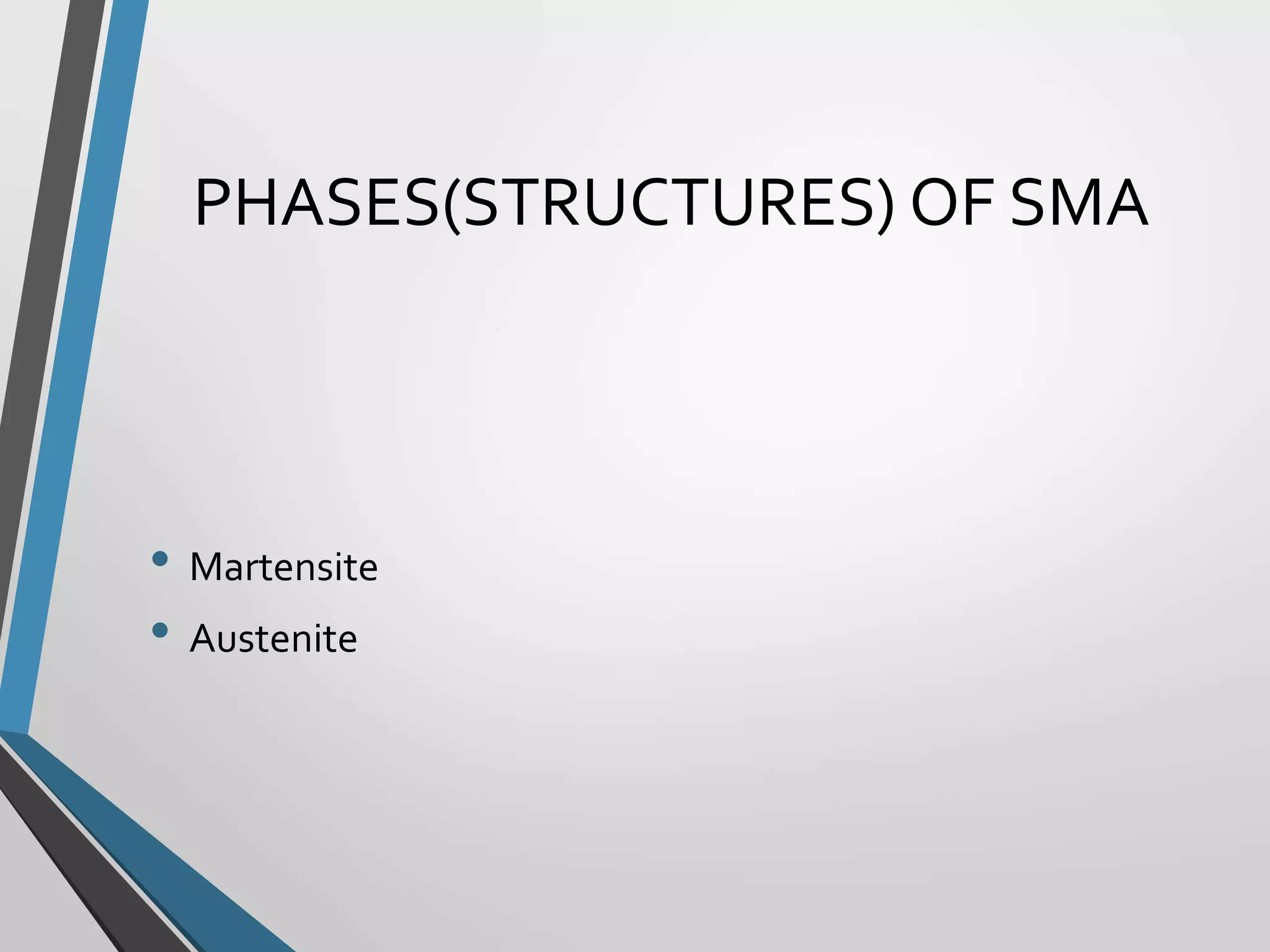 PHASES(STRUCTURES) OF SMA
• Martensite
• Austenite