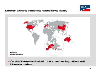 More than 500 sales and services representatives globally    Consistent internationalization in order to take over key positions in all  future solar markets Service Sales & Service 