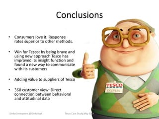 Conclusions
• Consumers love it. Response
rates superior to other methods.
• Win for Tesco: by being brave and
using new approach Tesco has
improved its insight function and
found a new way to communicate
with its customers
• Adding value to suppliers of Tesco
• 360 customer view: Direct
connection between behavioral
and attitudinal data
Dinko Svetopetric @DinkoSvet Tesco Case Study,May 2014
 