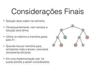 Considerações Finais
• Solução deve caber na memória;
• Consequentemente, nem sempre a
solução será ótima;
• Utiliza no máximo a memória gasta
pelo A*;
• Quando houver memória para
armazenar toda a árvore, executará
otimamente eﬁciente;
• Em uma implementação real, há
outros pontos a serem considerados.
A
B G
C D
E D
H D
D K
 