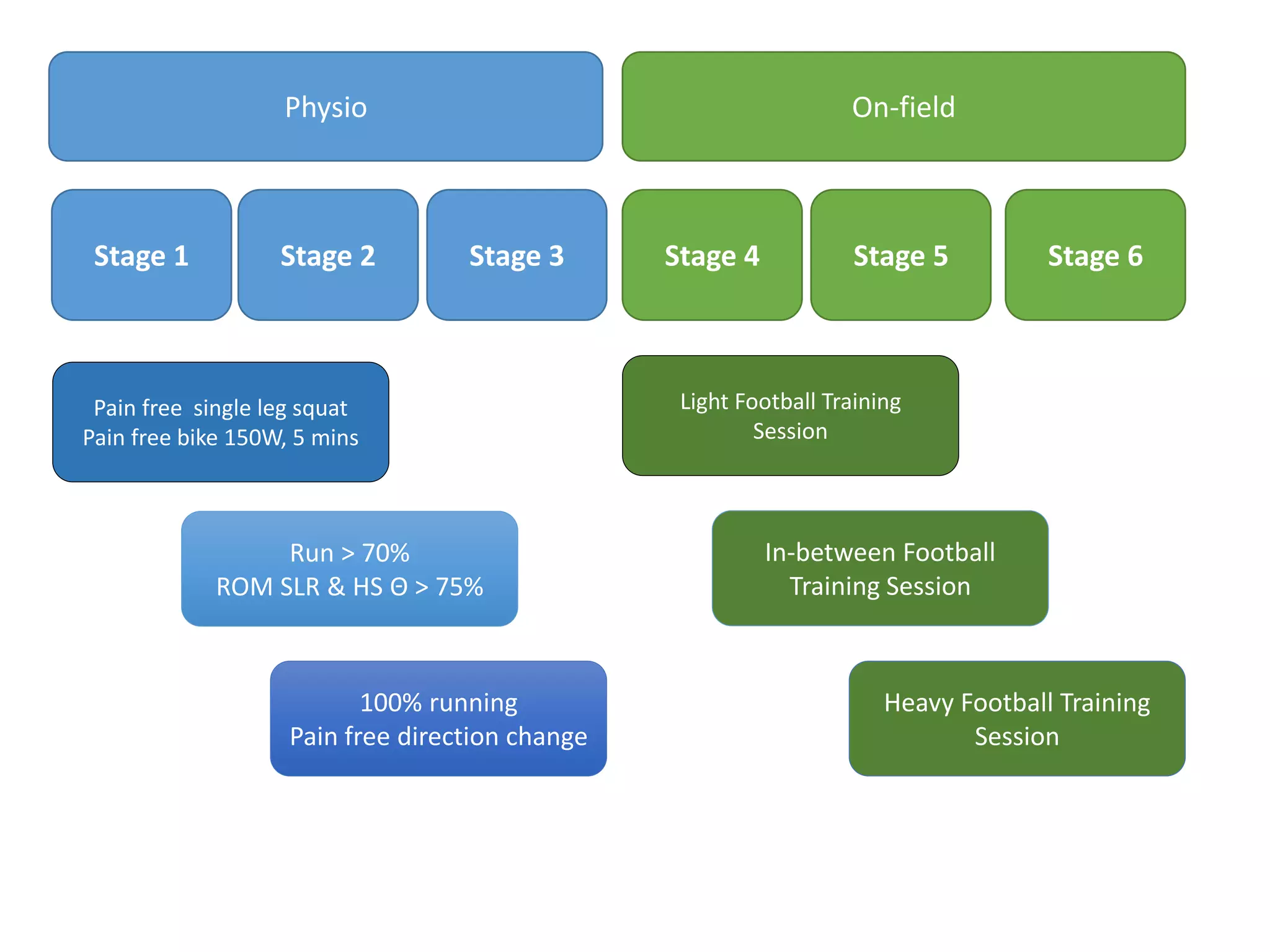 Physio On-field
Stage 1 Stage 2 Stage 3 Stage 4 Stage 5 Stage 6
Pain free single leg squat
Pain free bike 150W, 5 mins
Run > 70%
ROM SLR & HS Θ > 75%
100% running
Pain free direction change
Light Football Training
Session
In-between Football
Training Session
Heavy Football Training
Session
 