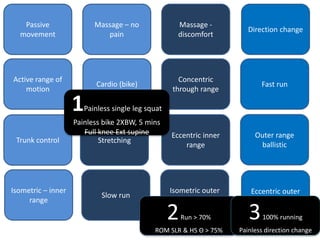 Cardio (bike)
Massage -
discomfort
Eccentric outer
range
Slow run
Concentric
through range
Fast run
Eccentric inner
range
Isometric – inner
range
Direction change
Outer range
ballistic
StretchingTrunk control
Isometric outer
range
2Run > 70%
ROM SLR & HS Θ > 75%
3100% running
Painless direction change
Passive
movement
Massage – no
pain
Active range of
motion
1Painless single leg squat
Painless bike 2XBW, 5 mins
Full knee Ext supine
 