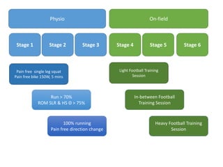 Physio On-field
Stage 1 Stage 2 Stage 3 Stage 4 Stage 5 Stage 6
Pain free single leg squat
Pain free bike 150W, 5 mins
Run > 70%
ROM SLR & HS Θ > 75%
100% running
Pain free direction change
Light Football Training
Session
In-between Football
Training Session
Heavy Football Training
Session
 