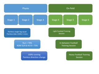 Physio On-field
Stage 1 Stage 2 Stage 3 Stage 4 Stage 5 Stage 6
Painless single leg squat
Painless bike 150W, 5 mins
Run > 70%
ROM SLR & HS Θ > 75%
100% running
Painless direction change
Light Football Training
Session
In-between Football
Training Session
Heavy Football Training
Session
 