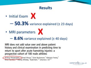 • Initial Exam
– 50.3% variance explained (± 23 days)
• MRI parameters
– 8.6% variance explained (± 40 days)
• Initial Exam & MRI
–3% extra variance explained
Results
X
X
X
 