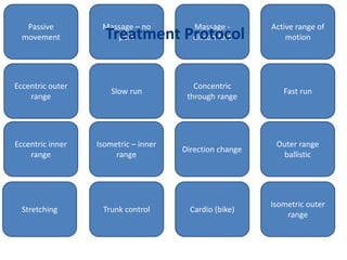 Passive
movement
Massage – no
pain
Massage -
discomfort
Active range of
motion
Eccentric outer
range
Slow run
Concentric
through range
Fast run
Eccentric inner
range
Isometric – inner
range
Direction change
Outer range
ballistic
Stretching Trunk control Cardio (bike)
Isometric outer
range
Treatment Protocol
 