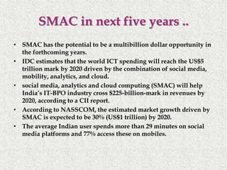SMAC in next five years ..
• SMAC has the potential to be a multibillion dollar opportunity in
the forthcoming years.
• IDC estimates that the world ICT spending will reach the US$5
trillion mark by 2020 driven by the combination of social media,
mobility, analytics, and cloud.
• social media, analytics and cloud computing (SMAC) will help
India’s IT-BPO industry cross $225-billion-mark in revenues by
2020, according to a CII report.
• According to NASSCOM, the estimated market growth driven by
SMAC is expected to be 30% (US$1 trillion) by 2020.
• The average Indian user spends more than 29 minutes on social
media platforms and 77% access these on mobiles.
 