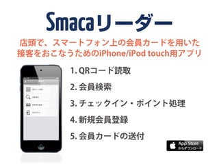 Smacaリーダー
店頭で、スマートフォン上の会員カードを用いた
接客をおこなうためのiPhone/iPod touch用アプリ

        1. QRコード読取

        2. 会員検索

        3. チェックイン・ポイント処理

        4. 新規会員登録

        5. 会員カードの送付
 