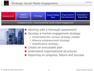 Strategic Social Media EngagementStarting with a thorough assessmentDevelop a market engagement strategyUnderstand the various strategy modelsAlliance empowerment strategyAmplification strategy…Create an executable planUnderstand organizational structuresReporting on progress, failure and success 