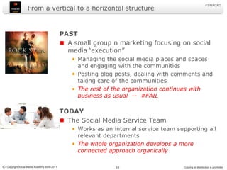 From a vertical to a horizontal structurePASTA small group n marketing focusing on social media ‘execution”Managing the social media places and spaces and engaging with the communitiesPosting blog posts, dealing with comments and taking care of the communitiesThe rest of the organization continues with business as usual  --  #FAILTODAYThe Social Media Service TeamWorks as an internal service team supporting all relevant departmentsThe whole organization develops a more connected approach organically