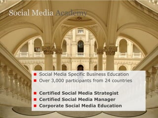 Social Media AcademySocial Media Specific Business EducationOver 3,000 participants from 24 countriesCertified Social Media StrategistCertified Social Media ManagerCorporate Social Media Education