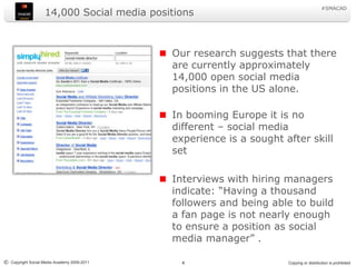 14,000 Social media positionsOur research suggests that there are currently approximately 14,000 open social media positions in the US alone.In booming Europe it is no different – social media experience is a sought after skill setInterviews with hiring managers indicate: “Having a thousand followers and being able to build a fan page is not nearly enough to ensure a position as social media manager” .