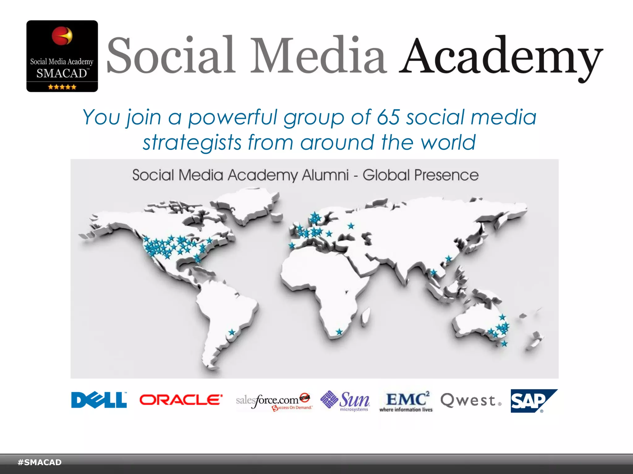 You join a powerful group of 65 social media
                      strategists from around the world




#SMACAD
    © Copyright Xeequa Corp. 2008
 