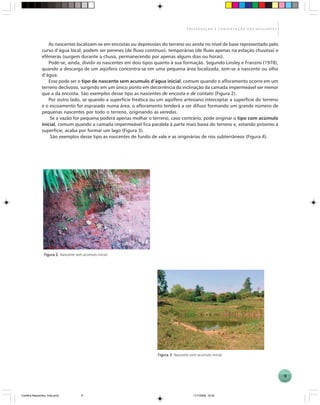 9
P R E S E R V A Ç Ã O E C O N S E R V A Ç Ã O D A S N A S C E N T E S
As nascentes localizam-se em encostas ou depressões do terreno ou ainda no nível de base representado pelo
curso d’água local; podem ser perenes (de fluxo contínuo), temporárias (de fluxo apenas na estação chuvosa) e
efêmeras (surgem durante a chuva, permanecendo por apenas alguns dias ou horas).
Pode-se, ainda, dividir as nascentes em dois tipos quanto à sua formação. Segundo Linsley e Franzini (1978),
quando a descarga de um aqüífero concentra-se em uma pequena área localizada, tem-se a nascente ou olho
d’água.
Esse pode ser o tipo de nascente sem acumulo d’água inicial, comum quando o afloramento ocorre em um
terreno declivoso, surgindo em um único ponto em decorrência da inclinação da camada impermeável ser menor
que a da encosta. São exemplos desse tipo as nascentes de encosta e de contato (Figura 2).
Por outro lado, se quando a superfície freática ou um aqüífero artesiano interceptar a superfície do terreno
e o escoamento for espraiado numa área, o afloramento tenderá a ser difuso formando um grande número de
pequenas nascentes por todo o terreno, originando as veredas.
Se a vazão for pequena poderá apenas molhar o terreno, caso contrário, pode originar o tipo com acúmulo
inicial, comum quando a camada impermeável fica paralela à parte mais baixa do terreno e, estando próximo à
superfície, acaba por formar um lago (Figura 3).
São exemplos desse tipo as nascentes de fundo de vale e as originárias de rios subterrâneos (Figura 4).
Figura 2.Figura 2.Figura 2.Figura 2.Figura 2. Nascente sem acúmulo inicial.
Figura 3Figura 3Figura 3Figura 3Figura 3. Nascente com acúmulo inicial.
Cartilha Nascentes_final.pmd 11/7/2006, 10:349
 