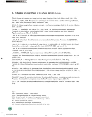 30
8. Citações bibliográficas e literatura complementar
ÁGUA: Manual de Irrigação. Para que a fonte não seque. Guia Rural. São Paulo: Editora Abril, 1991. 170p.
CASTRO, P.S.; LOPES, J.D.S. Recuperação e conservação de nascentes. Viçosa: Centro de Produções Técnicas,
2001. 84p. (Série Saneamento e Meio - Ambiente, n. 296)
DAKER, A. A água na agricultura; captação, elevação e melhoramento da água. 5.ed. Rio de Janeiro: F. Bastos,
1976. v.2, 379p.
GYENGE, J.E.; FERNÁNDEZ, M.E.; SALDA, G.D.; SCHLICHTER, T.M. Silvopastoral systems in Northwestern
Patogonia. II: water balance and water potential in a stand of Pinus ponderosa and native grassland.
Agroforestry Systems, v.55, p.47-55, 2002.
LIMA, W. de P. Princípios de hidrologia vegetal para o manejo de bacias hidrográficas. Piracicaba: ESALQ/USP,
1986. p.242, (Apostila)
LIMA, W. de P. Hidrologia florestal aplicada ao manejo de bacias hidrográficas. Piracicaba: ESALQ/USP, 1996.
p.318. (Apostila)
LIMA, W. DE P.; ZAKIA, M.J.B. Hidrologia de matas ciliares. In: RODRIGUES, R. R. ;LEITÃO FILHO, H. de F. (Eds.).
Matas ciliares: conservação e recuperação. São Paulo: USP/FAPESP, 2000. cap. 3, p.33-44.
LIMA, W. de P. Conservação de nascentes prevê manutenção dos recursos hídricos. Agropecuária Hoje,
Piracicaba, v.6, n.30, p.10, 2000.
LINSLEY, R.K..; FRANZINI, J.B. Engenharia de recurso hídricos. Mc Graw-Hill do Brasil, 1978, 798p.
LOUREIRO, B.T. Águas subterrâneas. Irrigação: produção com estabilidade. Informe Agropecuário, v. 9, n.100,
p.48-52, 1983.
MOLCHANOV, A. A. Hidrologia Florestal., Lisboa: Fundação Calouste Gulbenkian, 1963. 419p.
RODRIGUES, R.R.; SHEPHERD, G. Fatores condicionantes da vegetação ciliar. In: RODRIGUES, R.R.; LEITÃO
FILHO, H. de F. (Eds.). Matas ciliares: conservação e recuperação. São Paulo: USP/FAPESP, 2000. cap. 6. p.101-
107.
RODRIGUES, R.R.; GANDOLFI, S. Apresentação das metodologias usadas em reflorestamento de áreas ciliares.
In: CURSO DE RECUPERAÇÃO DE ÁREAS DEGRADADAS, 1993, Curitiba. Anais... Curitiba: UFPR/FUPEF, 1993. v.2,
p.248-281.
SILVEIRA, S, H. Poluição de nascentes. Balde Branco, v.18, n.231, p. 6-8, 1984.
TABAI, F.C.V. Manual de procedimentos técnicos de restauração florestal em áreas de preservação permanente.
Piracicaba: Consórcio Intermunicipal das Bacias dos Rios Piracicaba-Capivari-Jaguari , 2002. 4p.
TELLES, D.A. Elementos de Hidrologia e Hidrometria: Capacitação Básica em Irrigação. São Paulo: DAEE, 1984.
541p.
Siglas:
DAEE - Departamento de Águas e Energia Elétrica
DEPRN - Departamento Estadual de Proteção de Recursos Naturais
CTRN - Câmara Técnica de Conservação e Proteção aos Recursos Naturais
CPDEB - Centro de Pesquisa e Desenvolvimento de Ecofisiologia e Biofísica
IAC - Instituto Agronômico de Campinas
APTA - Agência Paulista de Tecnologia dos Agronegócios
SAA - Secretaria de Agricultura e Abastecimento dos Estado de São Paulo
Cartilha Nascentes_final.pmd 11/7/2006, 10:3430
 