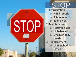 Fluid overload: Poor cosmetics or bad medecine? 32Fluid overload: Poor cosmetics or bad medecine?
STOP1. Resuscitation
o HES in sepsis
o Albumin in TBI
o Saline > 2L
2. Maintenance
o Isotonic fluids
o Unbalanced
o Uncover daily
needs
3. Replacement
o Unmatched to
losses
 