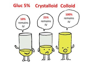 Gluc 5%
10%
remains
IV
25%
remains
IV
100%
remains
IV
Crystalloid Colloid
 