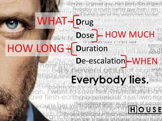 Fluid overload: Poor cosmetics or bad medecine? 9Fluid overload: Poor cosmetics or bad medecine?
Drug
Dose
De-escalation
Duration
HOW MUCH
HOW LONG
WHAT
WHEN
 