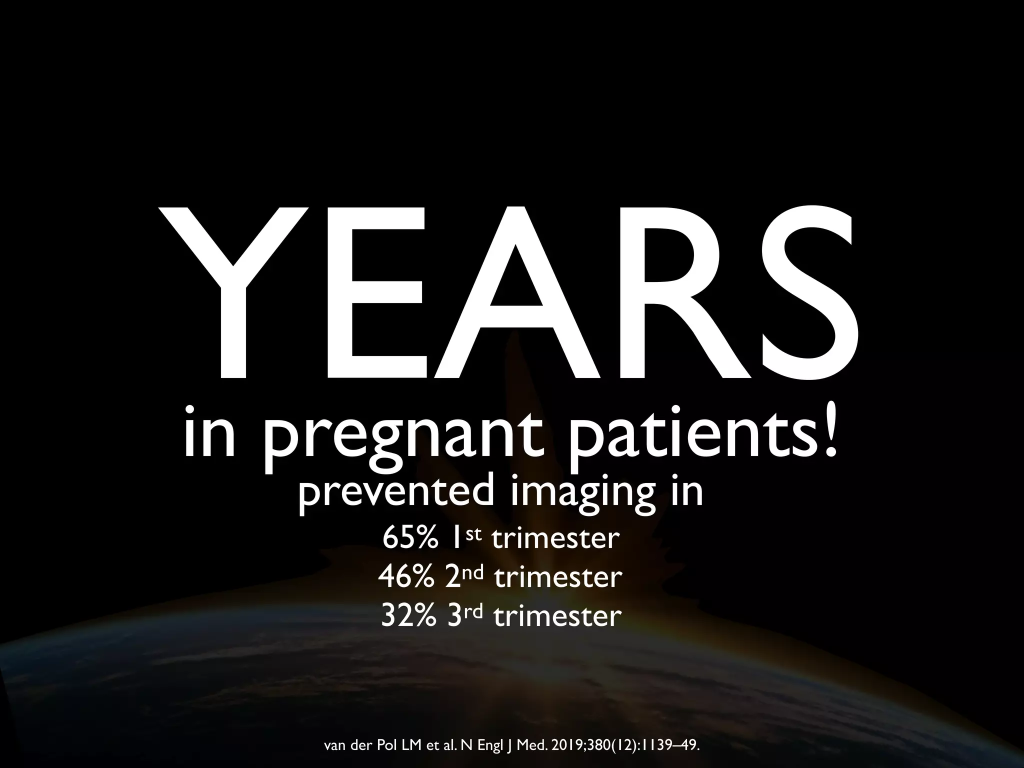 YEARSin pregnant patients!
van der Pol LM et al. N Engl J Med. 2019;380(12):1139–49.
prevented imaging in
65% 1st trimester
46% 2nd trimester
32% 3rd trimester
 