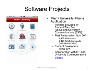 Tiers of DevelopersM-Learning Center Development TeamStudents hired based on experienceGraphic Designers, Mobile App Development, Service-Oriented ComputingMultiple parallel projectsCapstone ProjectsSingle ½ year or Full year projectsCourse ProjectsSemester long projectsMiami Mobile Learning Center12