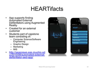 Software ProjectsMiami University iPhone ApplicationFunding provided by Student Tech Fee (65%), and University Communications (35%)First Released on Nov. 30th4,450 New users7,429 Total downloads (includes updates)Student DevelopersSEAS, SFACollaboration with ITS and University CommunicationsVideosMiami Mobile Learning Center13