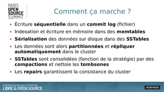 Comment ça marche ?
● Écriture séquentielle dans un commit log (fichier)
● Indexation et écriture en mémoire dans des memtables
● Sérialisation des données sur disque dans des SSTables
● Les données sont alors partitionnées et répliquer
automatiquement dans le cluster
● SSTables sont consolidées (fonction de la stratégie) par des
compactions et nettoie les tombsones
● Les repairs garantissent la consistance du cluster
 