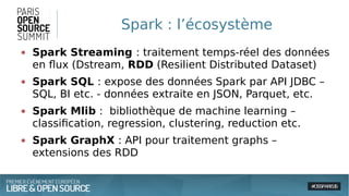 Spark : l’écosystème
● Spark Streaming : traitement temps-réel des données
en flux (Dstream, RDD (Resilient Distributed Dataset)
● Spark SQL : expose des données Spark par API JDBC –
SQL, BI etc. - données extraite en JSON, Parquet, etc.
● Spark Mlib : bibliothèque de machine learning –
classification, regression, clustering, reduction etc.
● Spark GraphX : API pour traitement graphs –
extensions des RDD
 